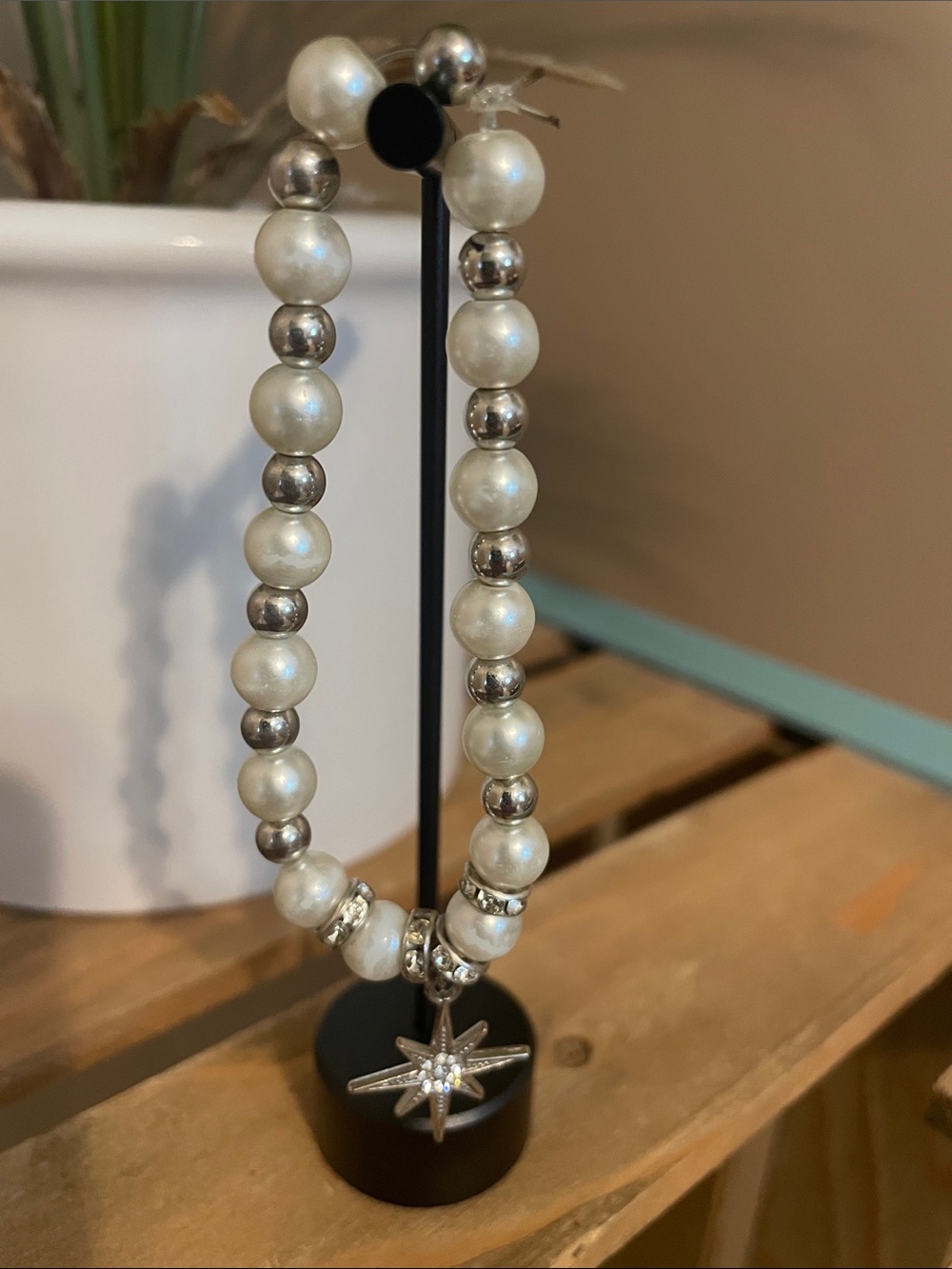 Pearl And Silver Bead Stretch Bracelet With Star Charm